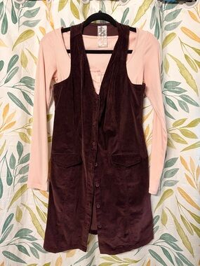 Sadie & Sage Burgundy Corduroy Overall Mini Dress with Pale Pink Top